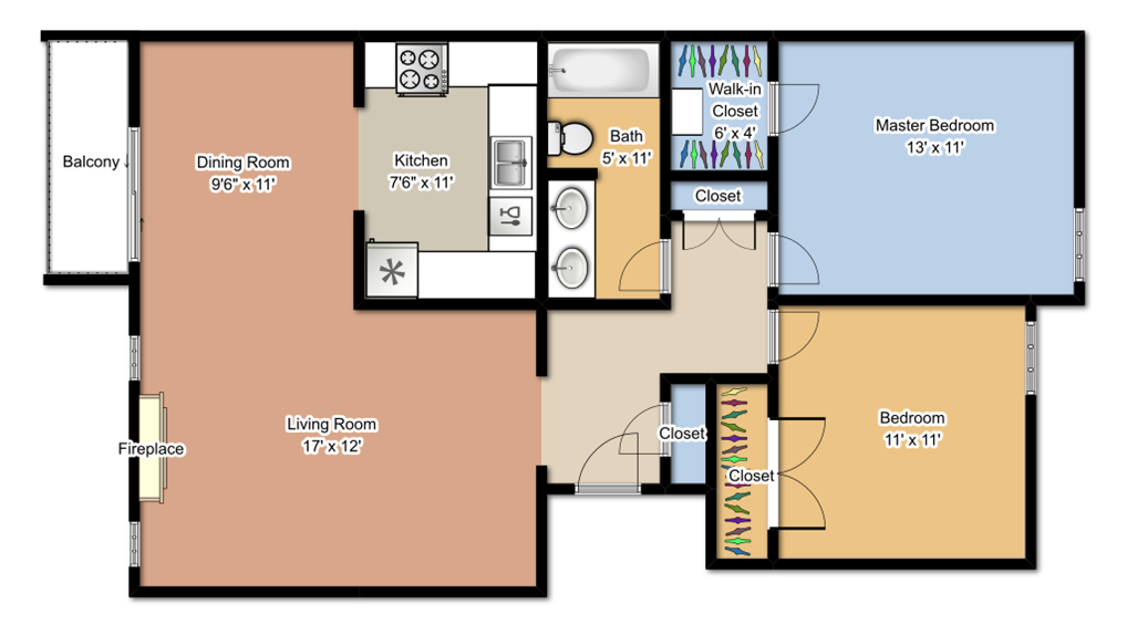 Floor plan for 2 beds, 1 bath, 970 sqft